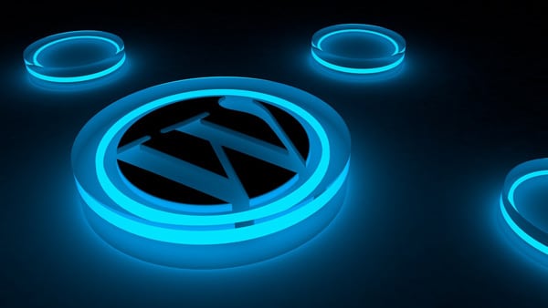 Logo WordPress sous forme de lampe ronde bleue.