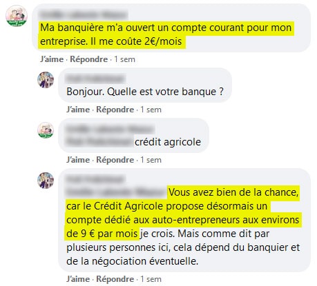 Commentaire Facebook : micro-entrepreneur ayant obtenu un compte bancaire micro-entrepreneur de dépôt à 2 euros.