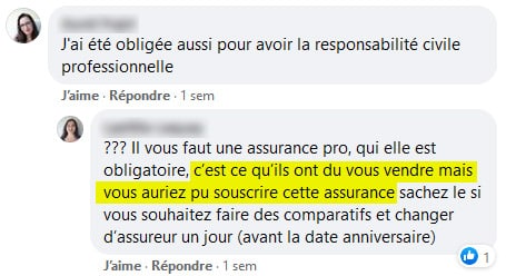 Commentaire Facebook : micro-entrepreneur témoignant du mensonge du compte pro obligatoire pour la RCP.