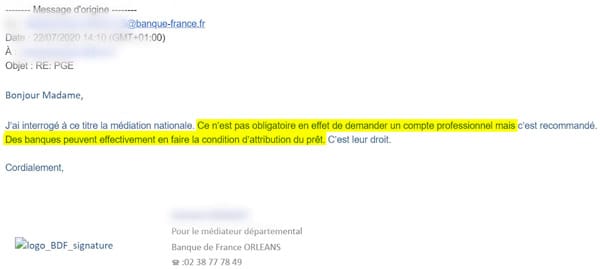 Mail de la Banque de France recommandant l'ouverture d'un compte pro pour le PGE.