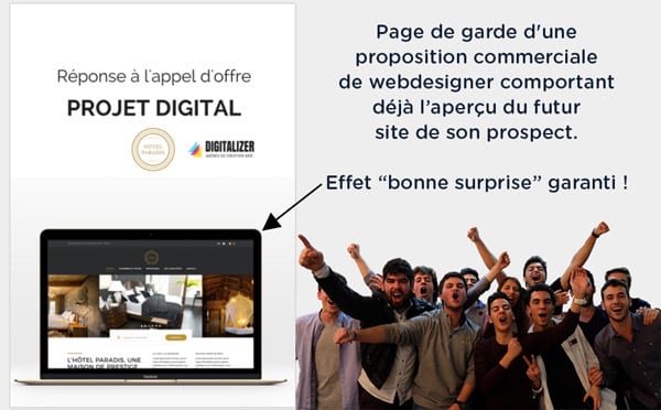 Couverture de proposition commericale freelance d'un webdesigner avec une maquette du site de son prospect.