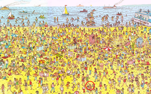 Dessin de "Où est Charlie ?" à la plage.