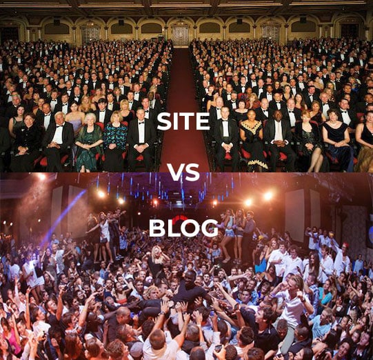 Photo comparative entre une foule assise au théâtre pour l'interaction faible d'un site et une foule en boite de nuit pour l'interaction forte d'un blog.