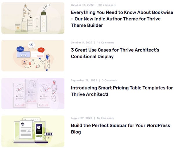 Copie d'écran d'articles du blog de Thrive Theme en exemple de blog d'entreprise.