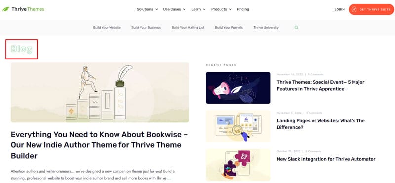 Copie d'écran de la page blog de Thrive Theme en exemple de blog d'entreprise.