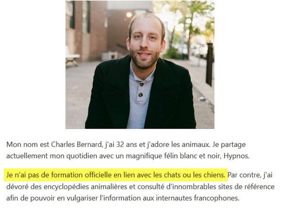 Copie d'écran de l'à propos de Charles Bernard en exemple de blog personnel monétisé.
