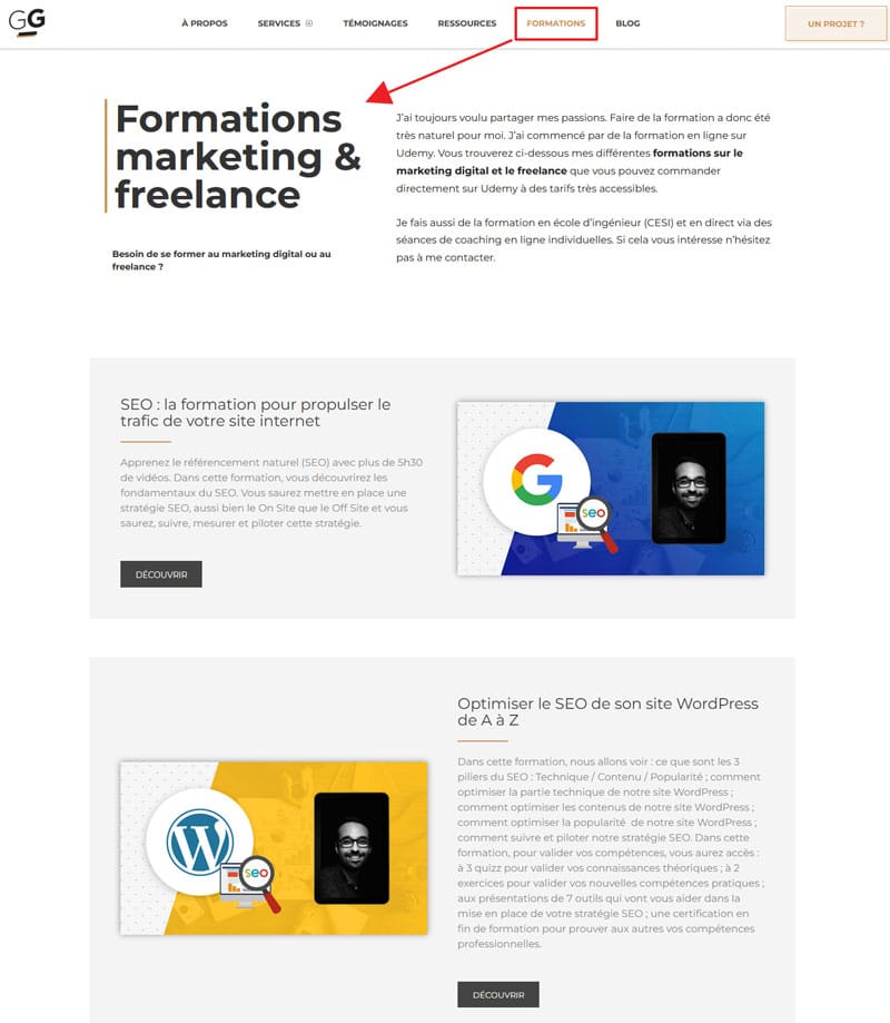 Copie d'écran de la page formations de Guillaume Guersan en exemple de blog professionnel d'indépendant.