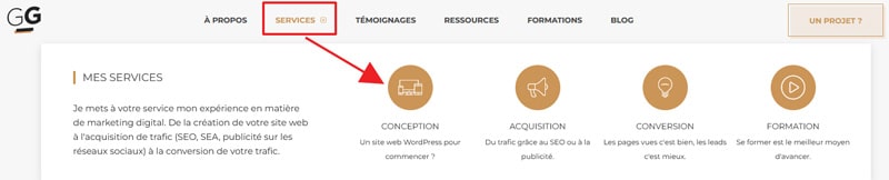 Copie d'écran d'une page services de Guillaume Guersan en exemple de blog professionnel d'indépendant.