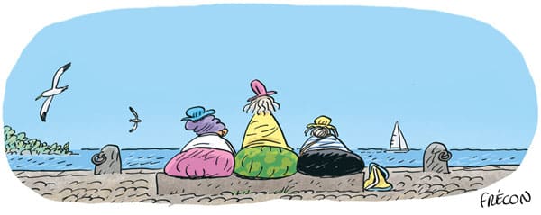 Dessin de trois grand-mères assises au bord de la mer pour regarder les mouettes (et les cigognes ?) passer.