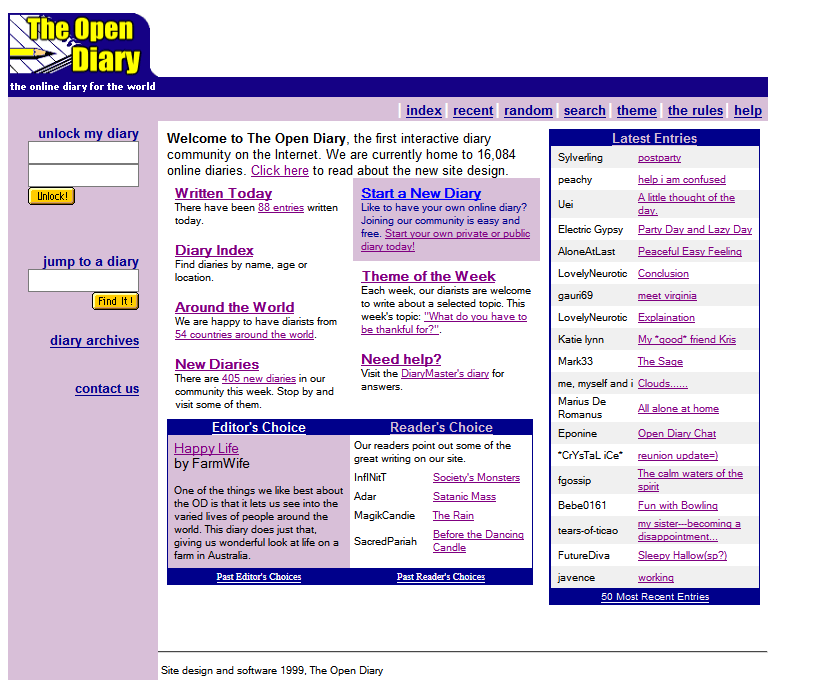 Copie d'écran de la page d'accueil Open Diary (1999), première plateforme de blogging de l'histoire du blog.