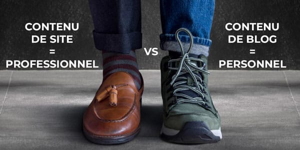 Deux pieds : l'un chaussés d'une chaussure de ville pour le contenu professionnel d'un site et l'autre d'une chaussure de randonnée pour illustrer le contenu personnel d'un blog.