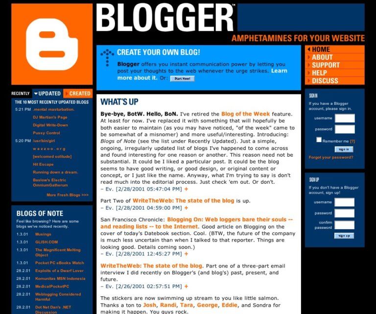 Copie d'écran de l'interface Blogger datant de 2001.